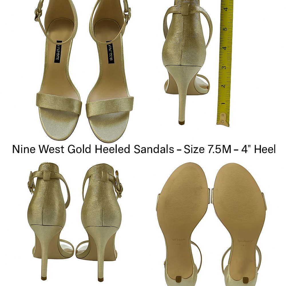 Nine West Women's Gold Heeled Sandals – Size 7.5M – 3.5” Heel